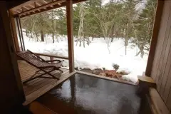 Sheltered bath beside a wooden deck overlooking snowy woodland