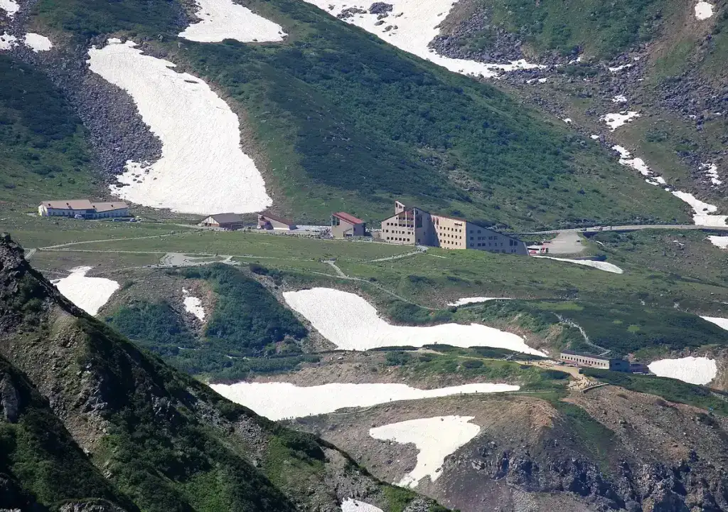 Buildings and remaining snow at Murodo in the Tateyama mountains