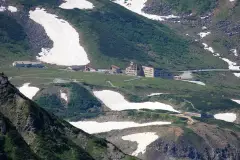 Buildings and remaining snow at Murodo in the Tateyama mountains
