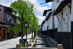 A willow tree and stone-lined canal beside white storehouses in Hida-Furukawa